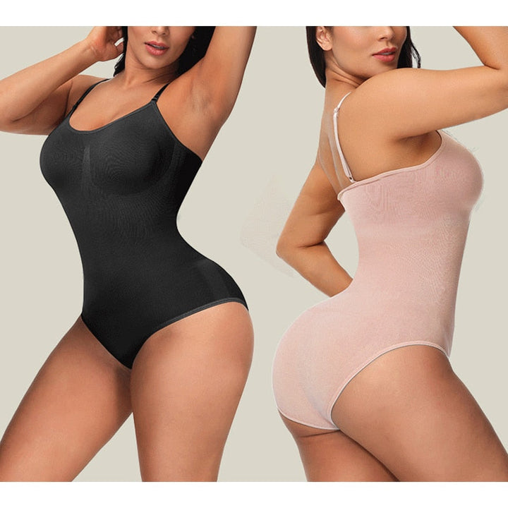 Damen Shapewear Bodysuit, nahtlos, schwarz und beige, figurformend, verstellbare Träger.