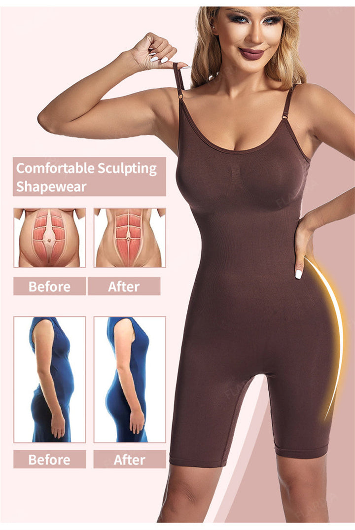 Frau in braunem Shapewear-Body, figurformend, Vorher-Nachher-Vergleich, bequeme Passform.