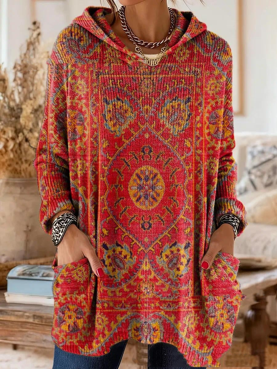 Červená tunice s kapucí, žlutým a modrým orientálním vzorem a velkými kapsami, nasnímaná zepředu na modelce. 4