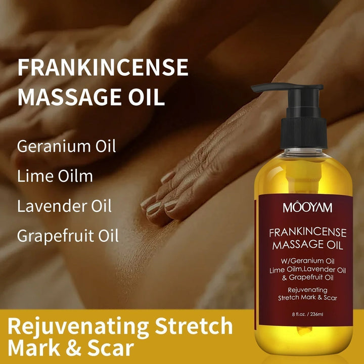 MOOYAM Massageöl mit Weihrauch, Geranienöl, Limettenöl, Lavendelöl, Grapefruitöl, 236ml Flasche.