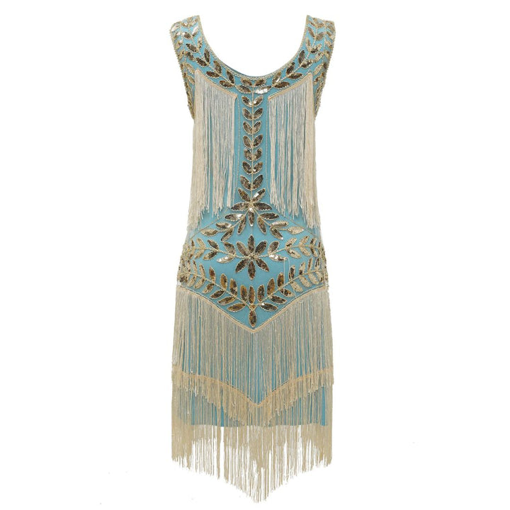 Blaues Charleston-Kleid mit goldenen Pailletten und Fransen, 1920er Jahre Vintage-Stil.
