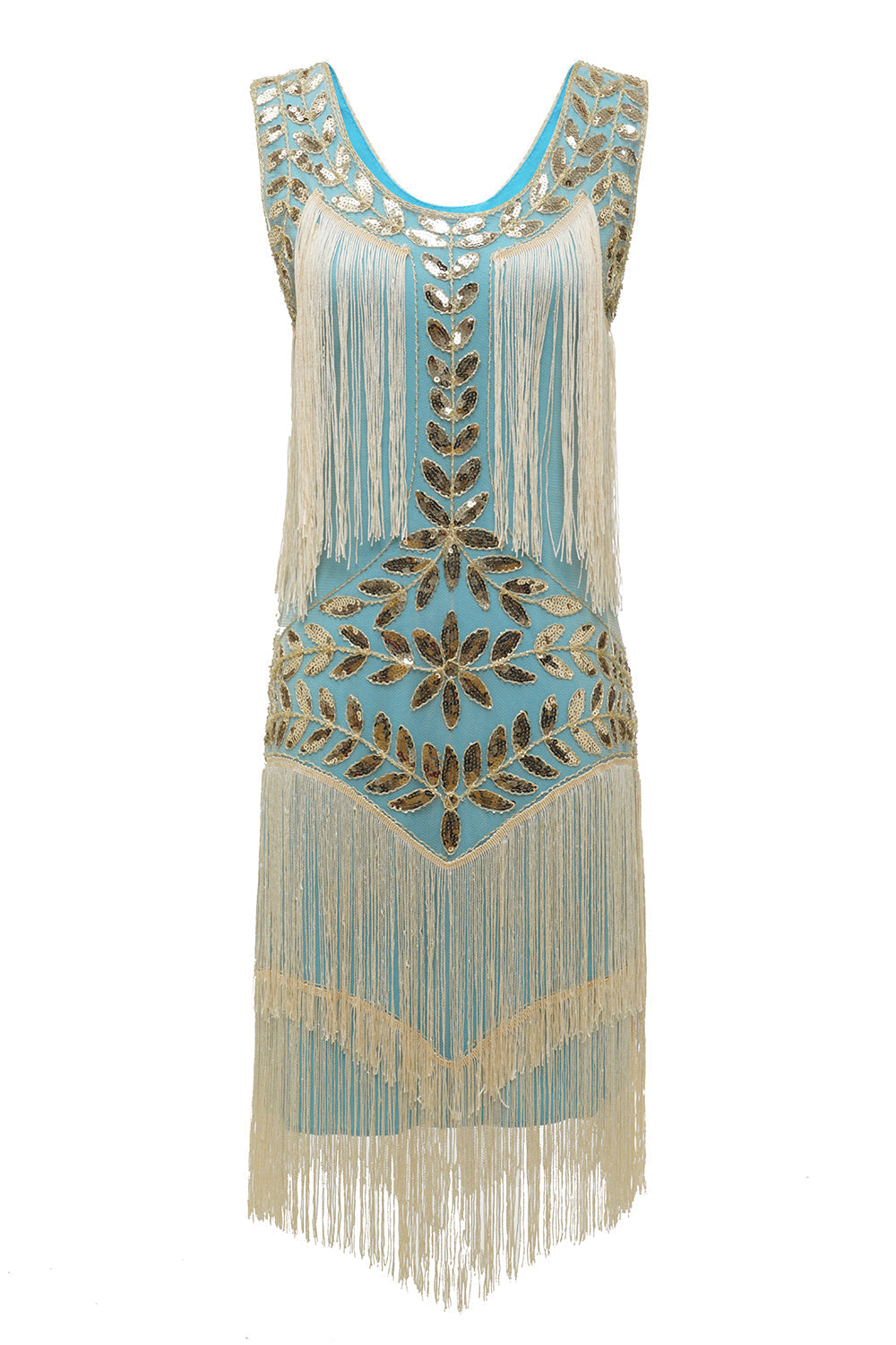 Blaues Charleston-Kleid mit Fransen und goldenen Pailletten, 1920er Jahre Stil, ärmellos.