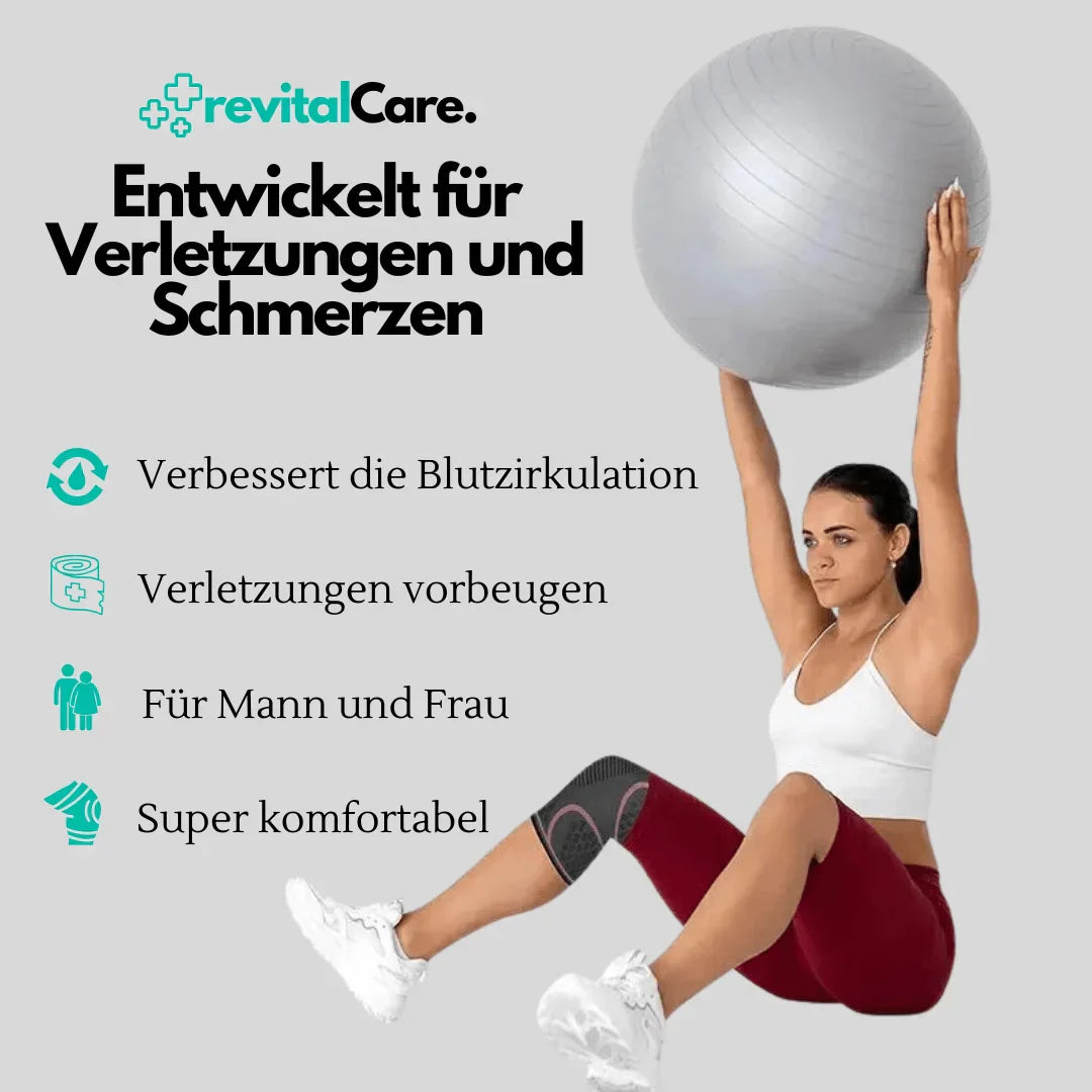 Frau mit grauem Gymnastikball, roter Sporthose, weißem Top, Fitness, Verletzungsprävention.