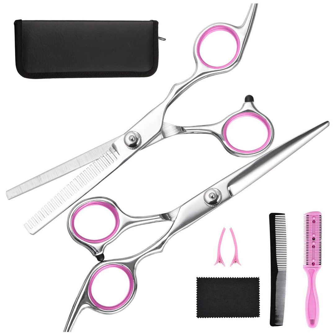 Friseurscheren-Set aus Edelstahl mit Etui, Kamm und Zubehör, silber-rosa, professionell.