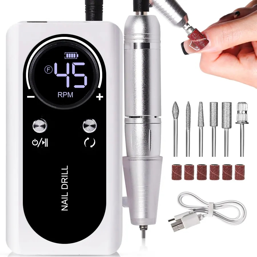 Elektrische Nagelfeile Set, weiß, mit LCD-Display, 45.000 U/min, für Maniküre und Pediküre.