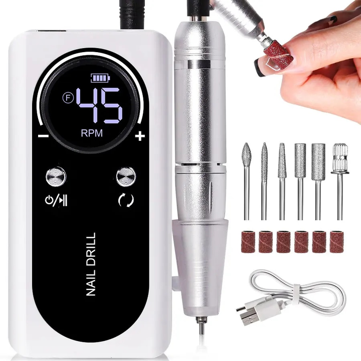 Elektrische Nagelfeile Set, weiß, mit LCD-Display, 45.000 U/min, für Maniküre und Pediküre.