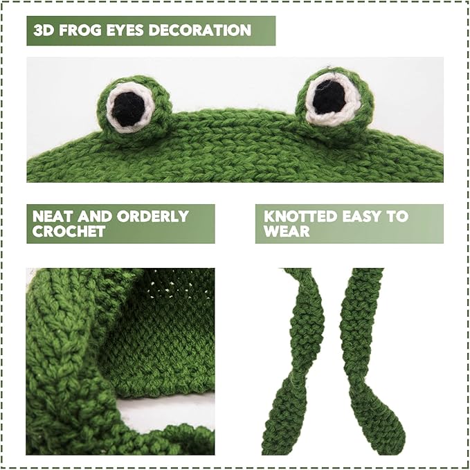 Grüne gehäkelte Froschmütze mit 3D-Augen, handgefertigt, weiches Material, einfach zu tragen.