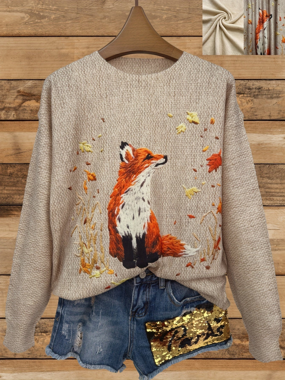 Beiger Pullover mit Fuchs-Motiv, Herbstblätter, Damenmode, Strick, lässig, Jeans-Shorts.