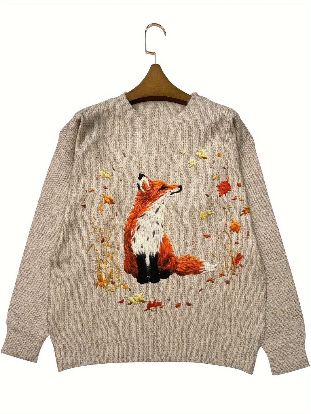 Grauer Pullover mit Fuchs-Stickerei, Herbstblätter, Damenmode, Baumwolle, gemütlich.