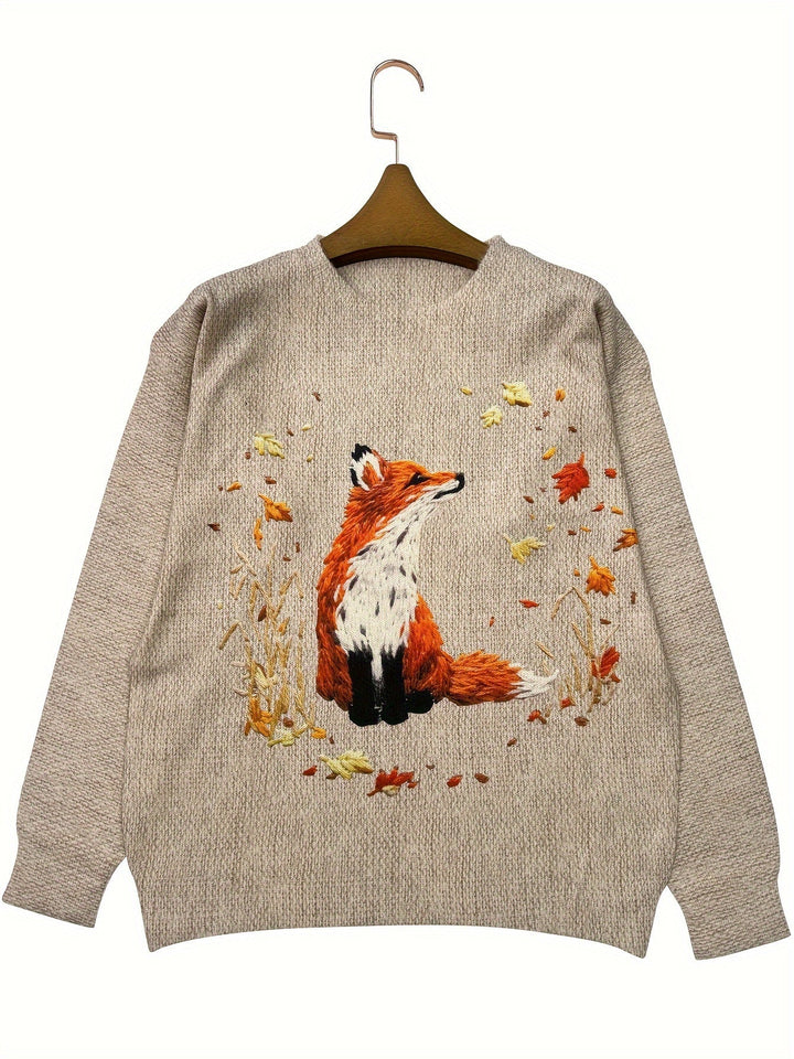 Grauer Pullover mit Fuchs-Stickerei, Herbstblätter, Damenmode, Baumwolle, gemütlich.