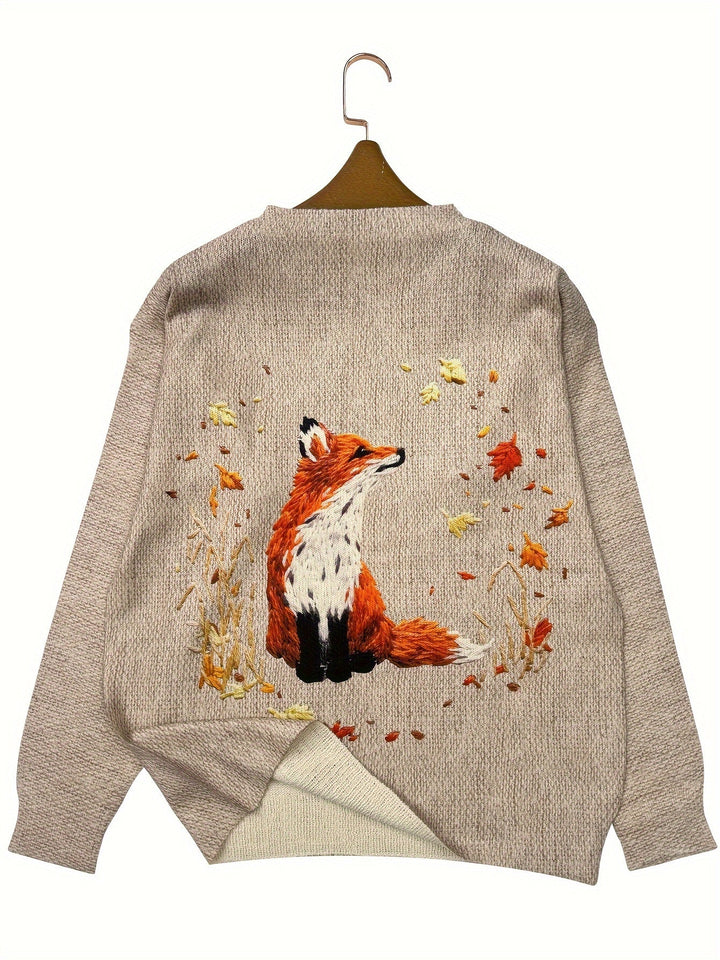 Beiger Strickpullover mit Fuchs-Stickerei, Herbstblätter, Damenmode, gemütlich, elegant.