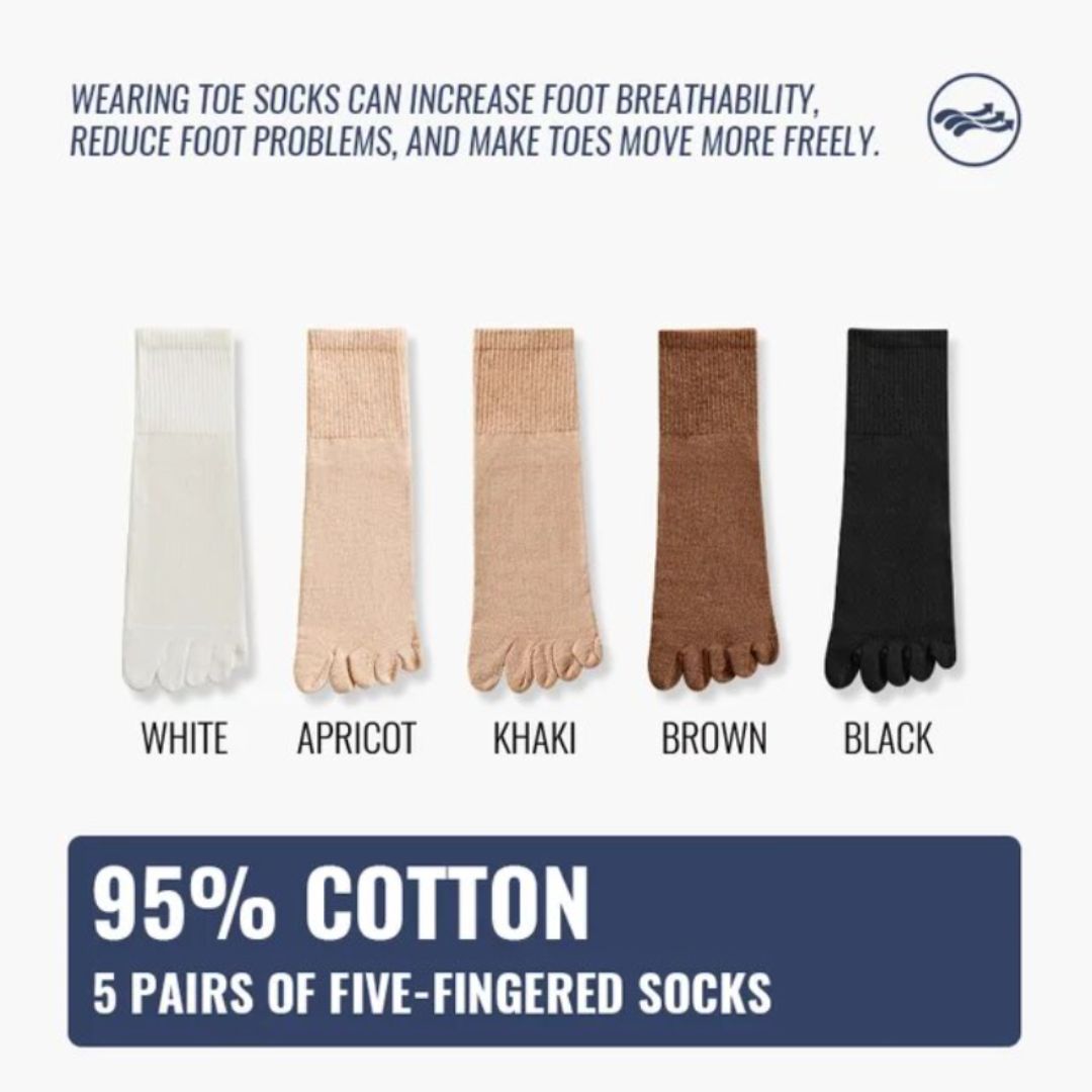 Fünf Paar Zehensocken aus 95% Baumwolle in Weiß, Apricot, Khaki, Braun, Schwarz.