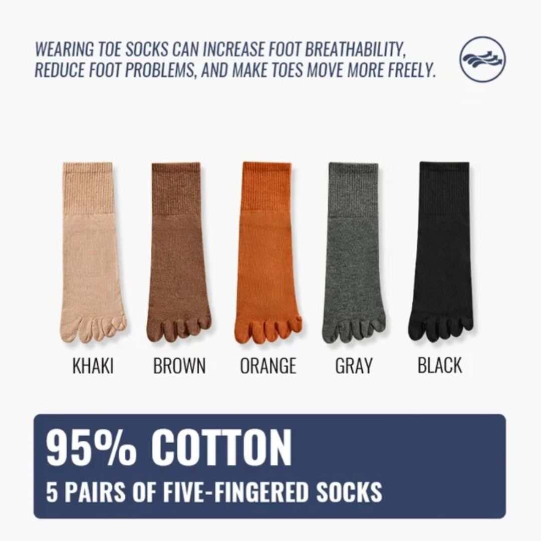 Fünf Paar Zehensocken aus 95% Baumwolle in Khaki, Braun, Orange, Grau, Schwarz.