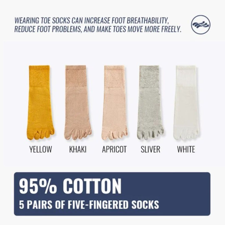 Fünf Paar Zehensocken aus 95% Baumwolle in Gelb, Khaki, Apricot, Silber, Weiß.