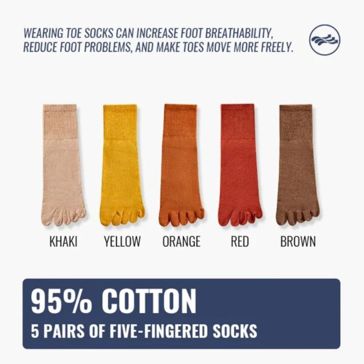 Fünf Paar Zehensocken, 95% Baumwolle, Farben: Khaki, Gelb, Orange, Rot, Braun.