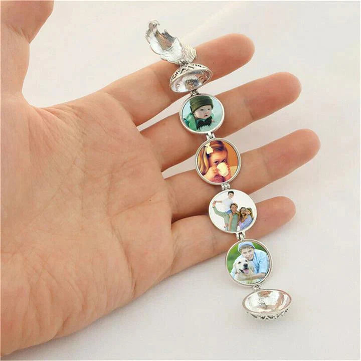 Silberne Damen-Fotohalskette mit 5 Bildern, Engelsflügel-Design, eleganter Retro-Anhänger.