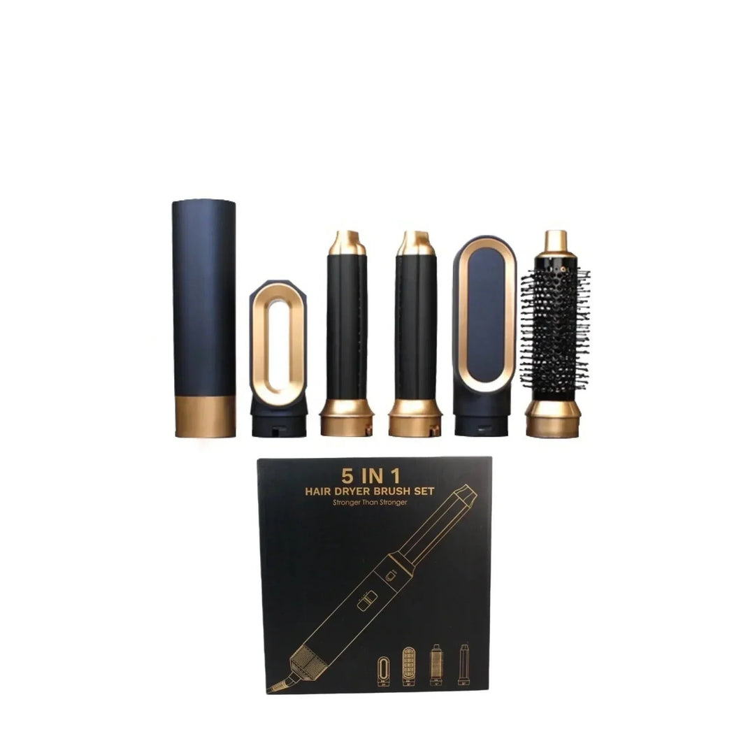5-in-1 Haartrockner-Bürstenset, schwarz-gold, Stylingaufsätze, Haarpflege-Tool.