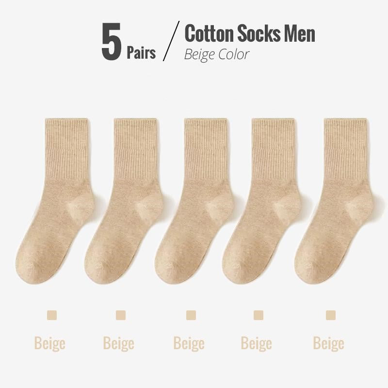 Fünf Paar beige Herrensocken aus Baumwolle, bequem und atmungsaktiv.