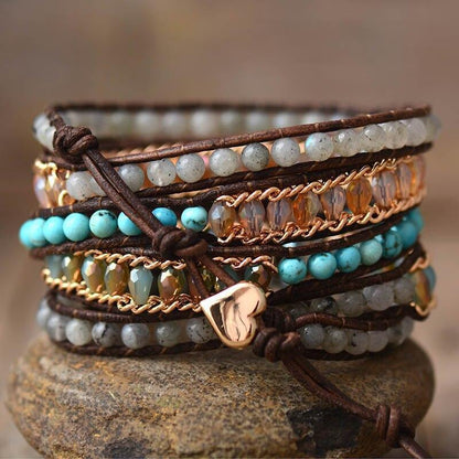 Boho Lederarmband mit Labradorit, Türkis und Strass, 5-reihig, handgefertigt, Damen Schmuck.