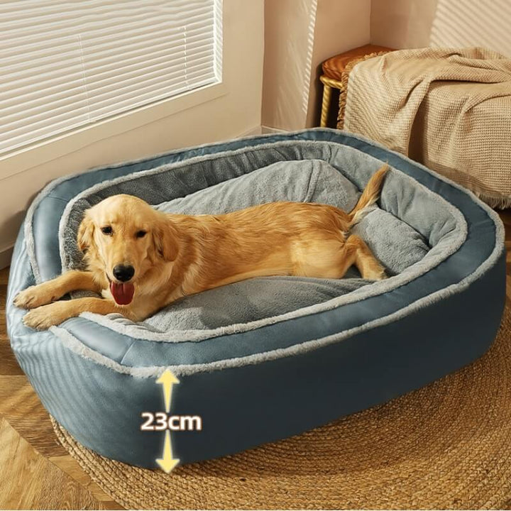 Großes orthopädisches Hundebett, blau, warm, tief, 23 cm hoch, für komfortablen Schlaf.