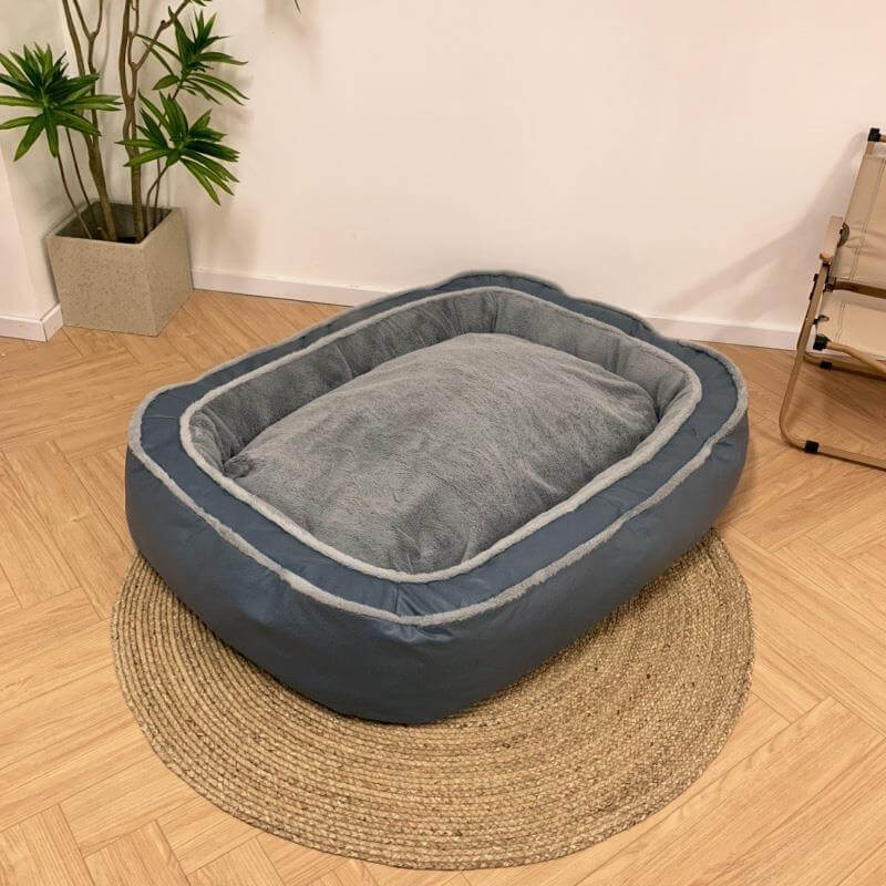 Orthopädisches Hundebett, grau, warm, tief, rechteckig, auf Teppich, neben Pflanze.