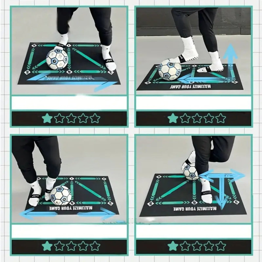 Fußball-Trainingsmatte mit Anweisungen, schwarz, für Ballkontrolle und Dribbling-Übungen.