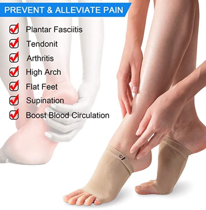 Beige Fußbandage für Plantarfasziitis, Schmerzlinderung, Unterstützung, elastisch, atmungsaktiv.