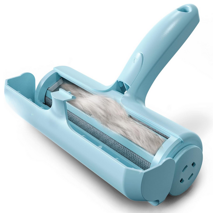 Blauer Tierhaarentferner Roller, wiederverwendbar, für Kleidung und Möbelreinigung.