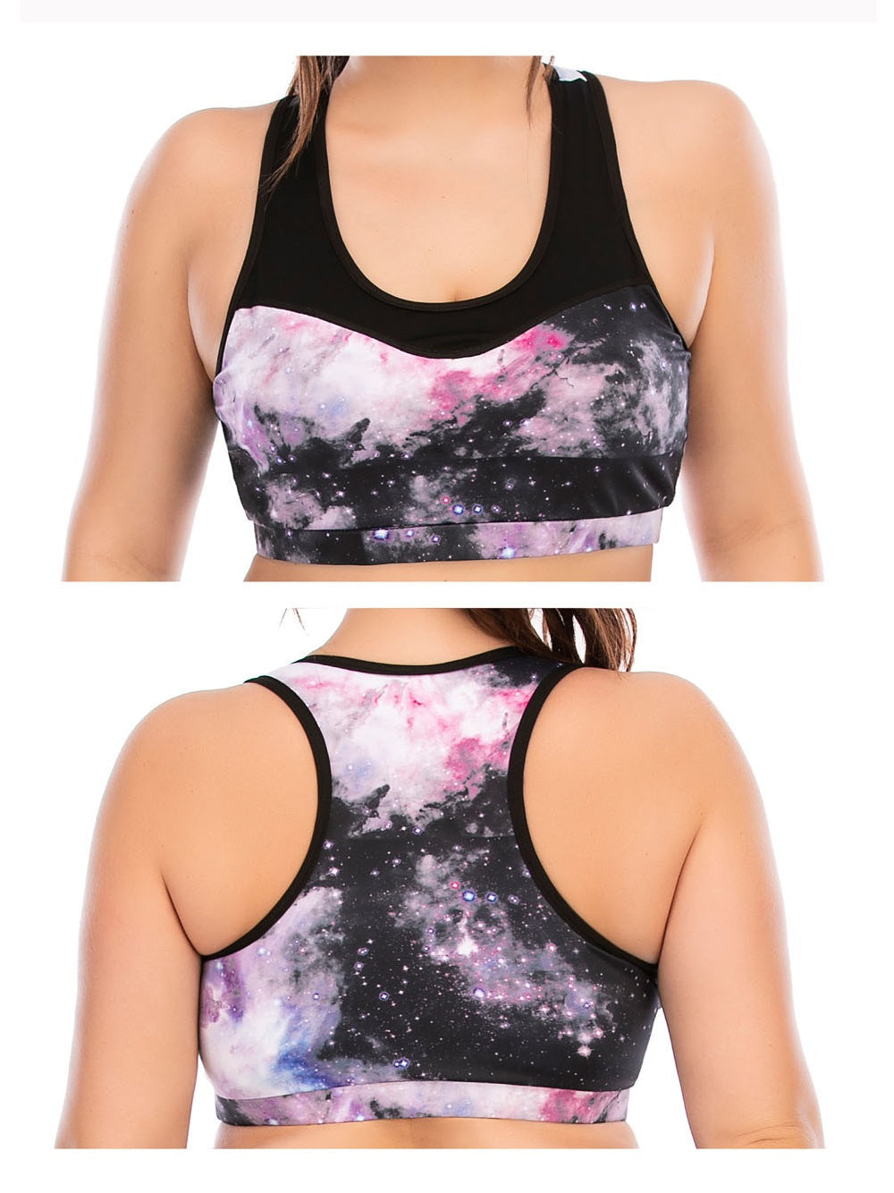 Damen Sport-BH mit Galaxie-Muster, schwarz-rosa, atmungsaktiv, Fitnessbekleidung.