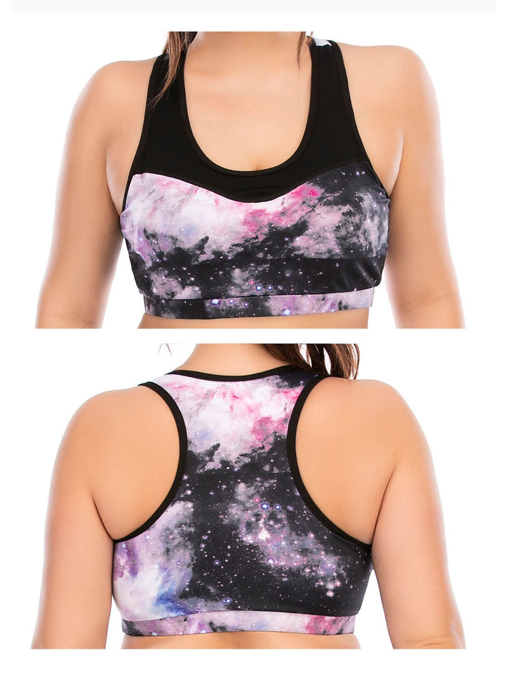 Damen Sport-BH mit Galaxie-Muster, schwarz-rosa, atmungsaktiv, Fitnessbekleidung.