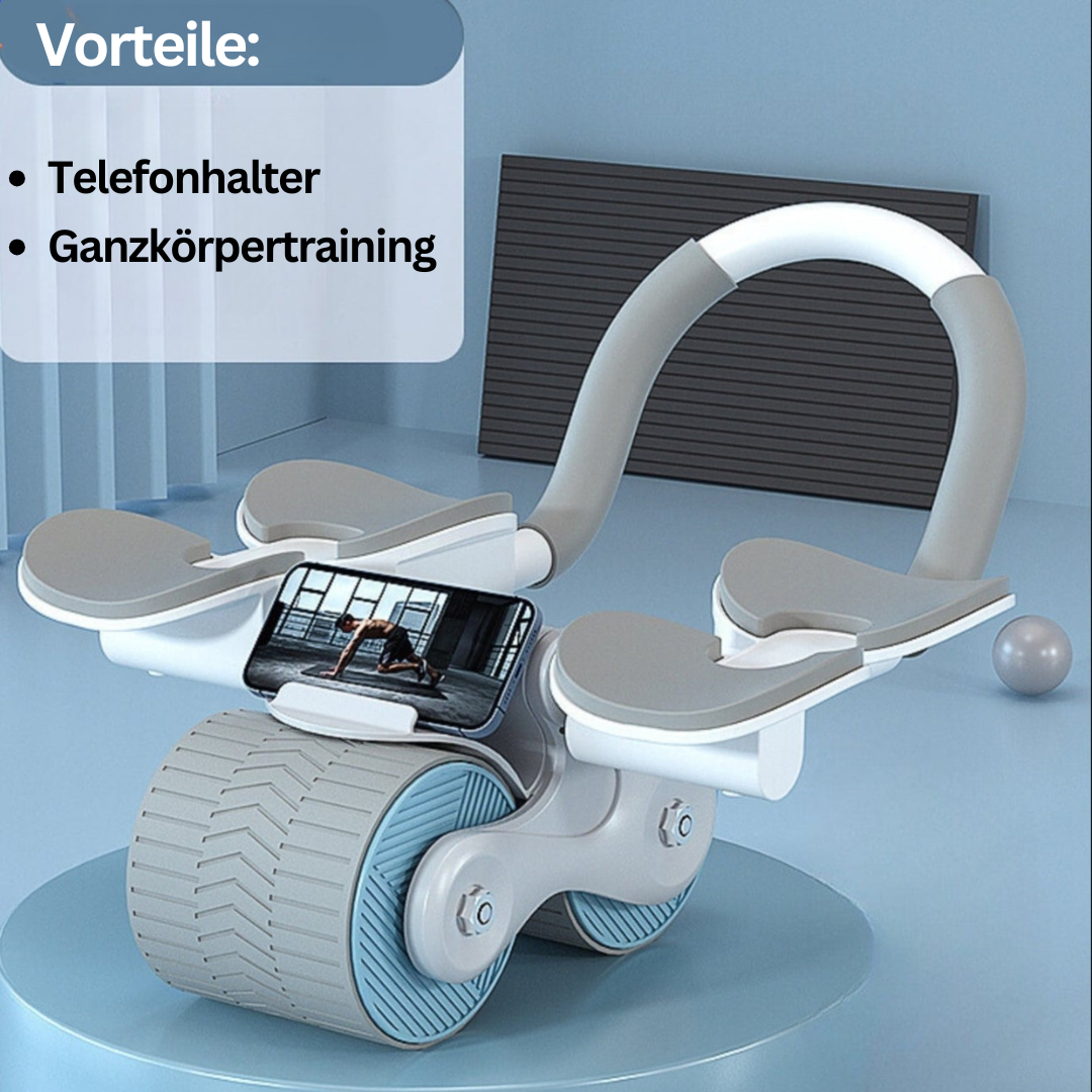 Graues Fitnessgerät mit Telefonhalter, ideal für Ganzkörpertraining, auf blauem Hintergrund.