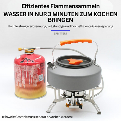 Campingkocher mit rotem Gaskartusche, grauem Topf, effizienter Gasverbrauch, Outdoor-Kochen.