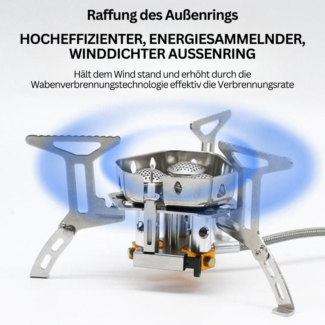 Hocheffizienter Campingkocher mit winddichtem Außenring, Edelstahl, tragbar, energiesparend.