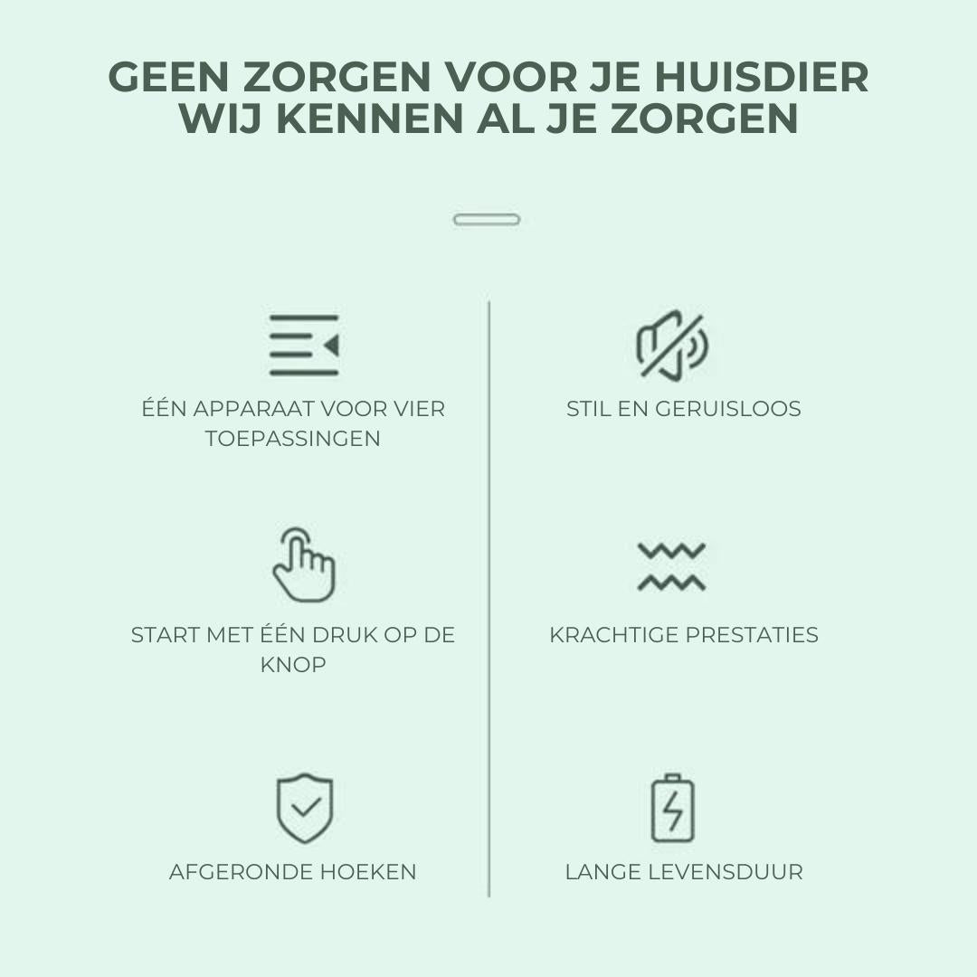 Infografik über geräuschloses Haustiergerät, leistungsstark, langlebig, abgerundete Ecken.