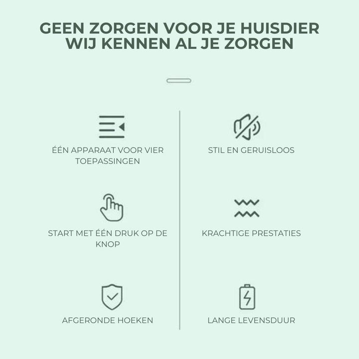 Infografik über geräuschloses Haustiergerät, leistungsstark, langlebig, abgerundete Ecken.