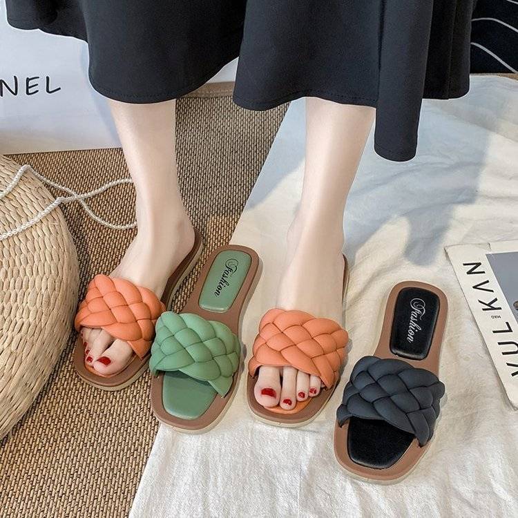 Damen Sandalen geflochten, grün, orange, schwarz, Sommermode, flach, bequem, modisch