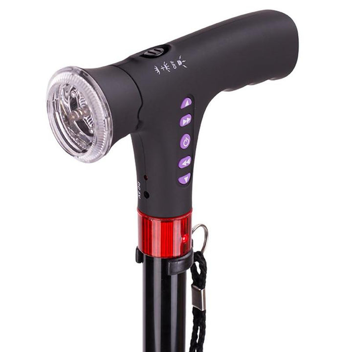 Schwarzer Gehstock mit LED-Licht, ergonomischem Griff und rutschfestem Gummifuß.