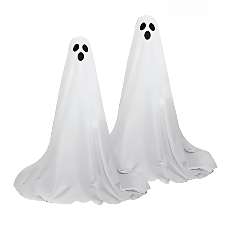Zwei weiße Geister-Dekorationen aus Stoff, Halloween-Deko, gruseliges Design.