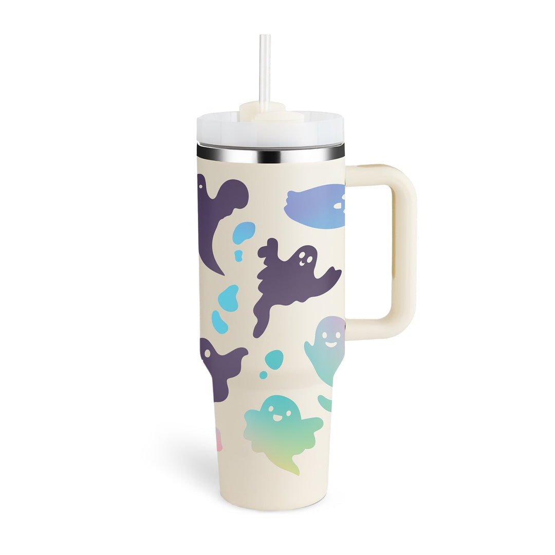 Geister-Tumbler mit Strohhalm, pastellfarben, Edelstahl, Halloween-Design, 710 ml