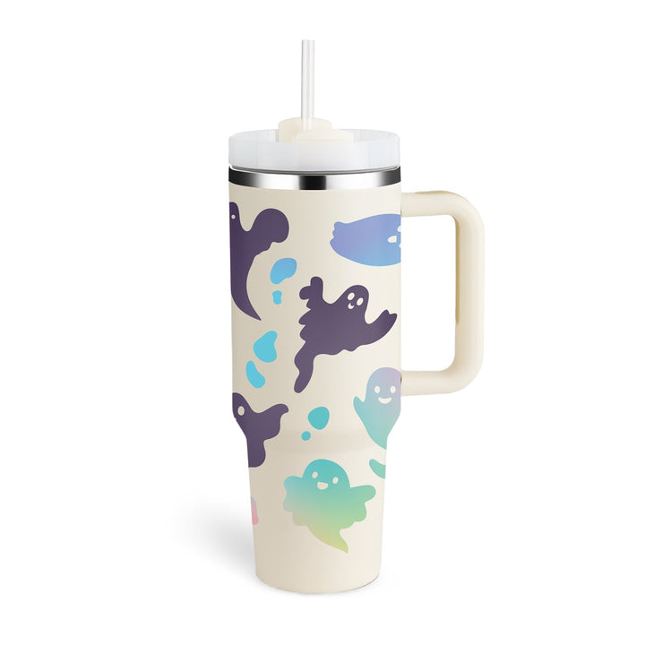 Geister-Tumbler mit Strohhalm, pastellfarben, Edelstahl, Halloween-Design, 710 ml