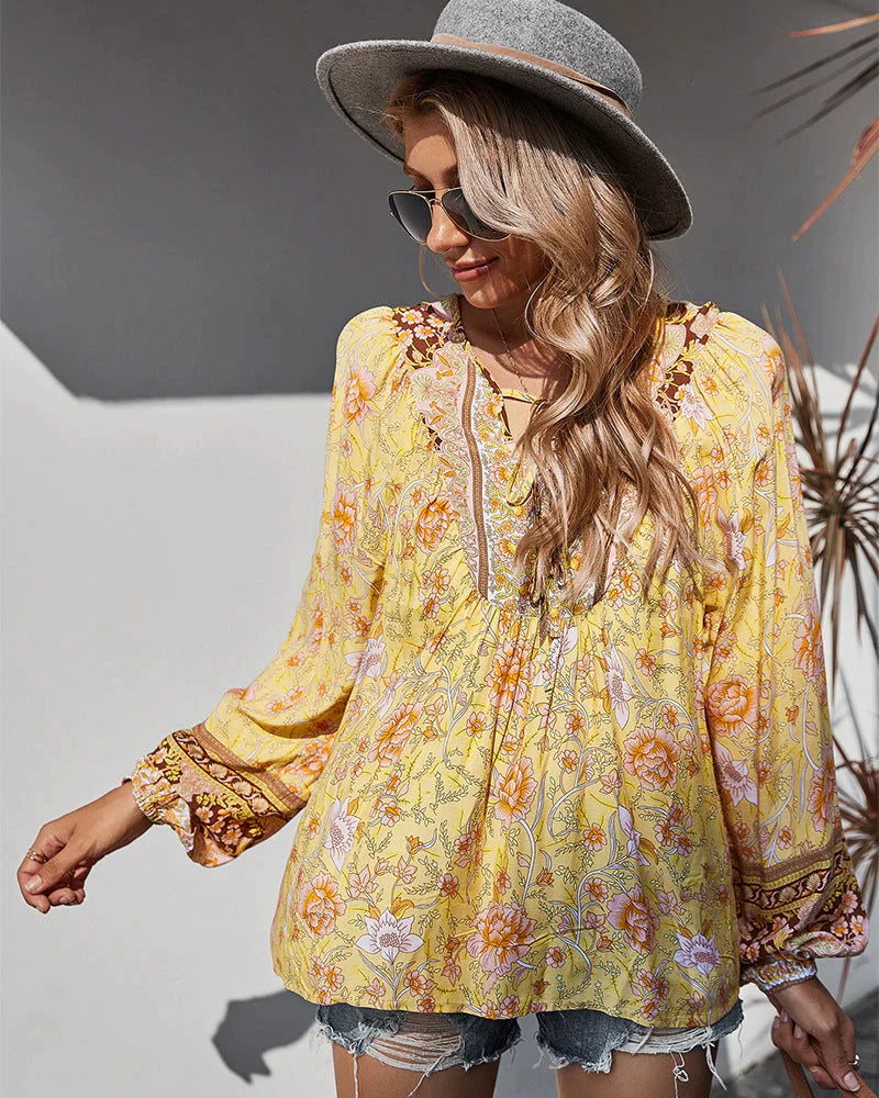 Vintage Boho podzimní blůza s květinovým potiskem a dlouhými rukávy – Sana