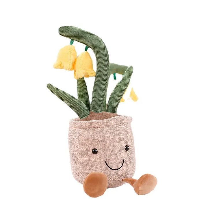 Plüschspielzeug gelbe Blume, lächelndes Gesicht, weicher Stoff, Kinderzimmer-Dekoration.
