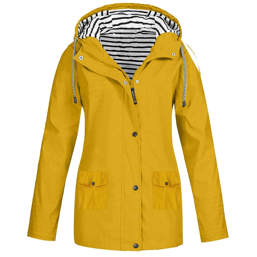 Gelbe Damen-Regenjacke mit Kapuze, gestreiftem Innenfutter, wasserdicht, Outdoor-Bekleidung.