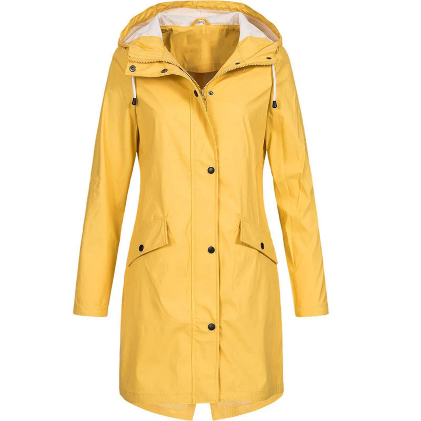 Gelbe Damen-Regenjacke mit Kapuze, wasserdicht, modisch, ideal für Outdoor-Aktivitäten.