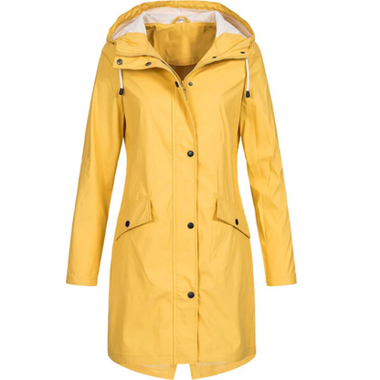 Gelbe Damen-Regenjacke mit Kapuze, wasserdicht, modisch, ideal für Outdoor-Aktivitäten.
