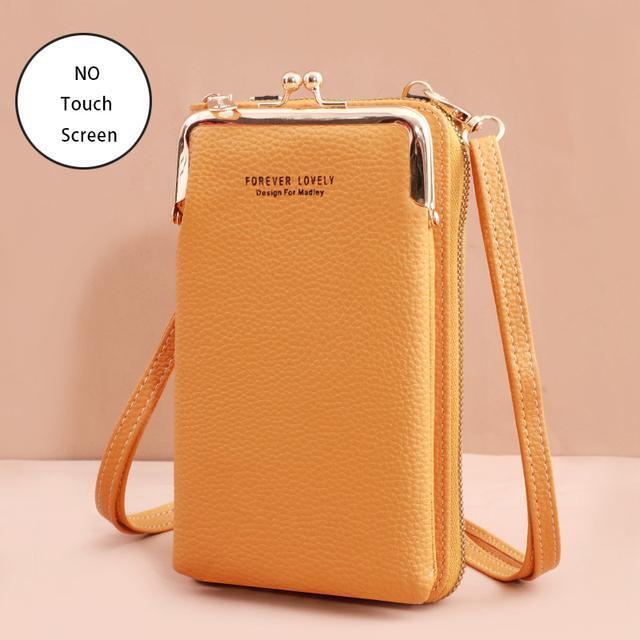Gelbe Leder-Handytasche mit Schulterriemen, Vintage-Design, kein Touchscreen, Damenmode.