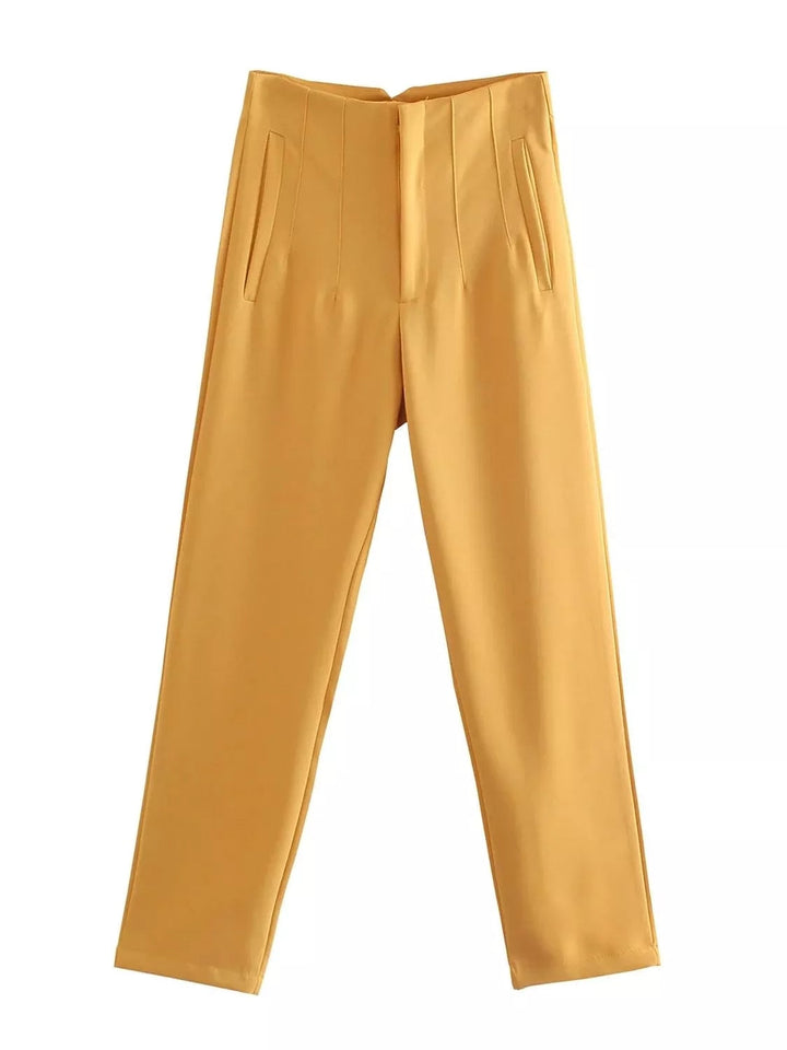 Gelbe Damenhose, hohe Taille, Reißverschluss, Vintage-Stil, Büro-Mode, elegant.