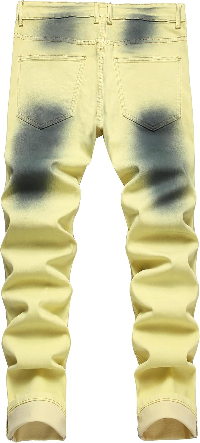 Gelbe Jeanshose mit verblasstem Effekt, Herrenmode, Baumwolle, modisches Design, Rückansicht.