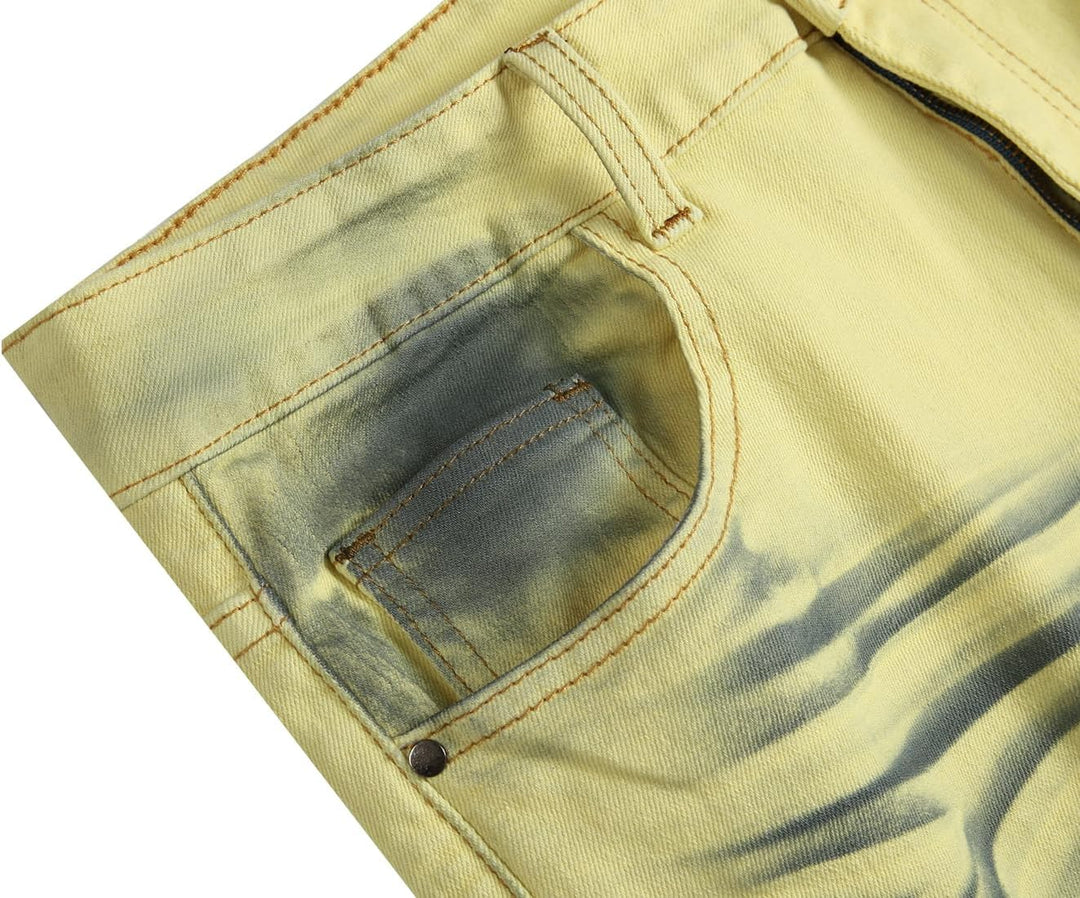 Gelbe Jeans mit Batikmuster, Baumwolle, modische Damenhose, trendige Freizeitkleidung.