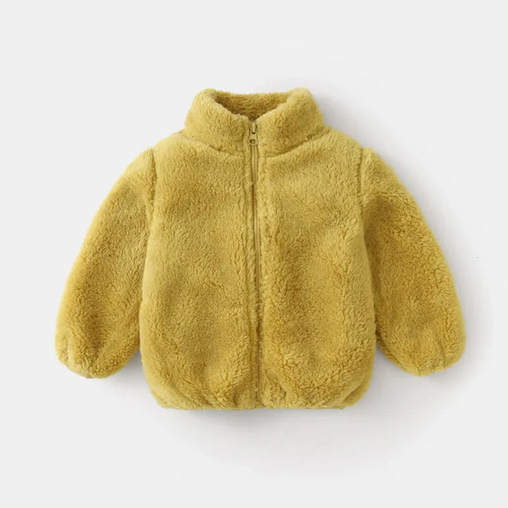 Gelbe Kinder-Fleecejacke mit Reißverschluss, warm, kuschelig, ideal für Herbst und Winter.